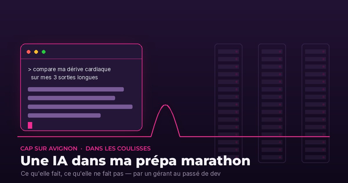 Au premier plan une simple fenêtre de texte ; en filigrane derrière, des racks de serveurs — la machinerie invisible de l&rsquo;IA.
