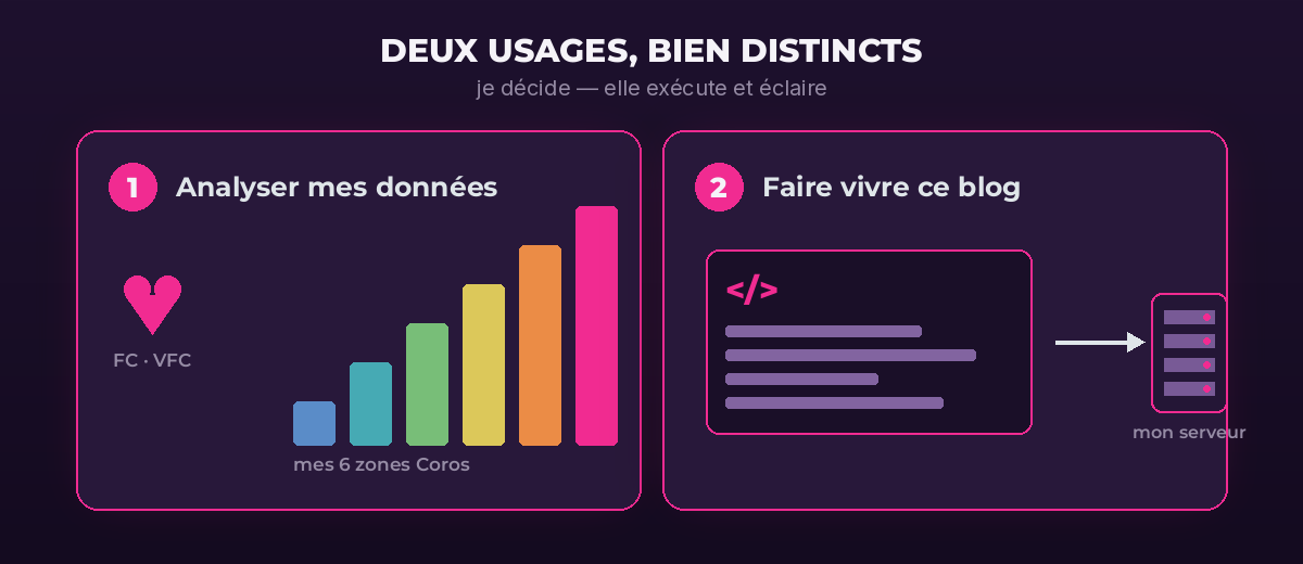 Deux usages distincts : analyser mes données d&rsquo;un côté, faire vivre le blog de l&rsquo;autre — je décide, elle exécute.