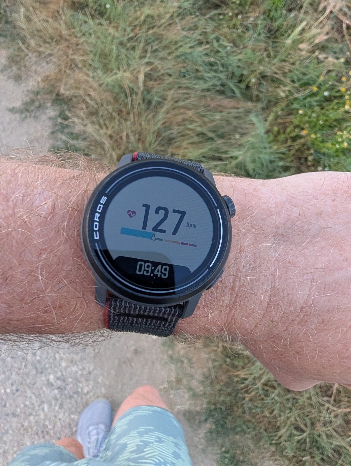 Montre Coros affichant 127 bpm pendant la sortie