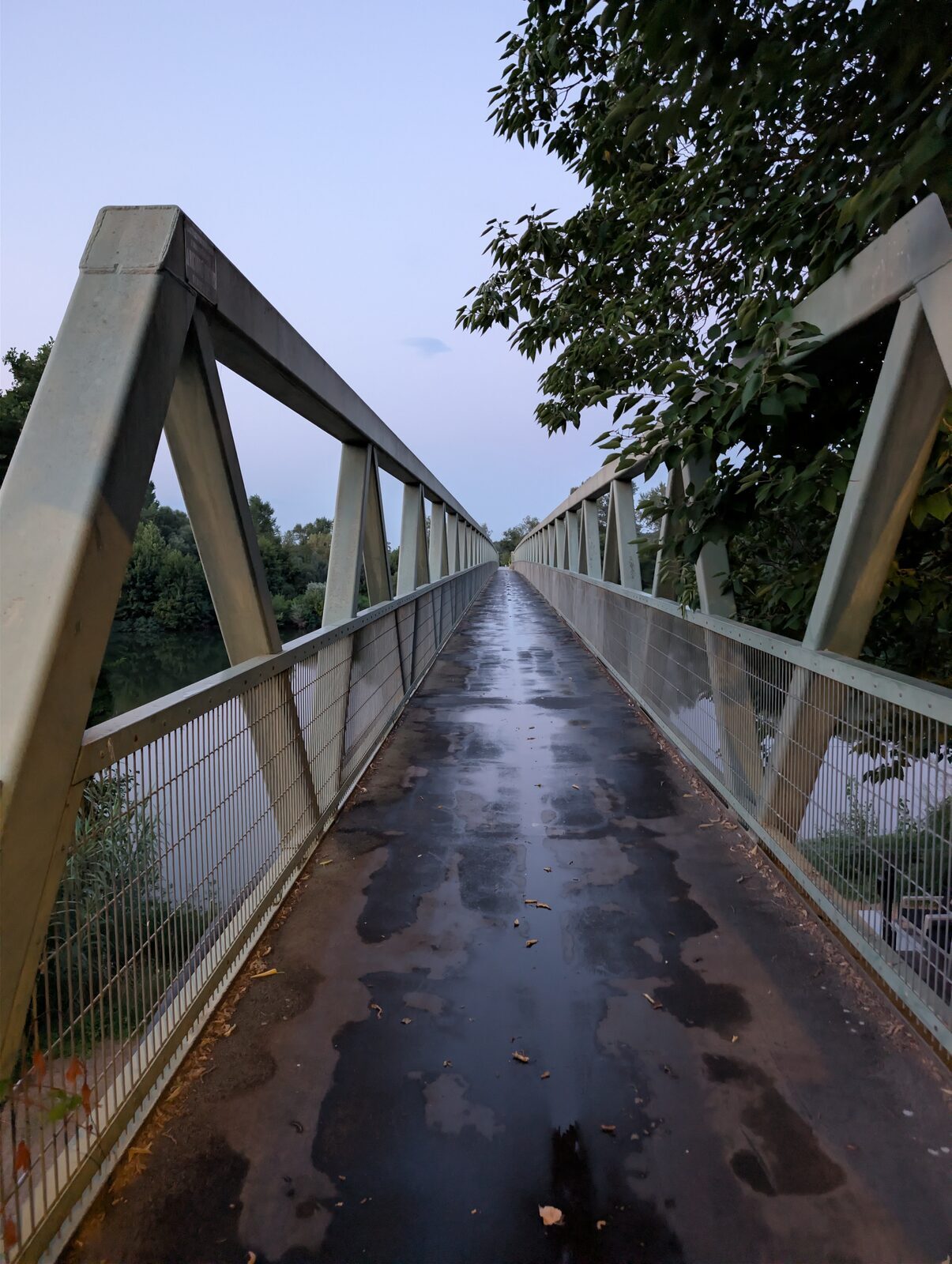 La passerelle métallique au petit matin, tablier encore humide, la perspective filant vers l'autre rive.