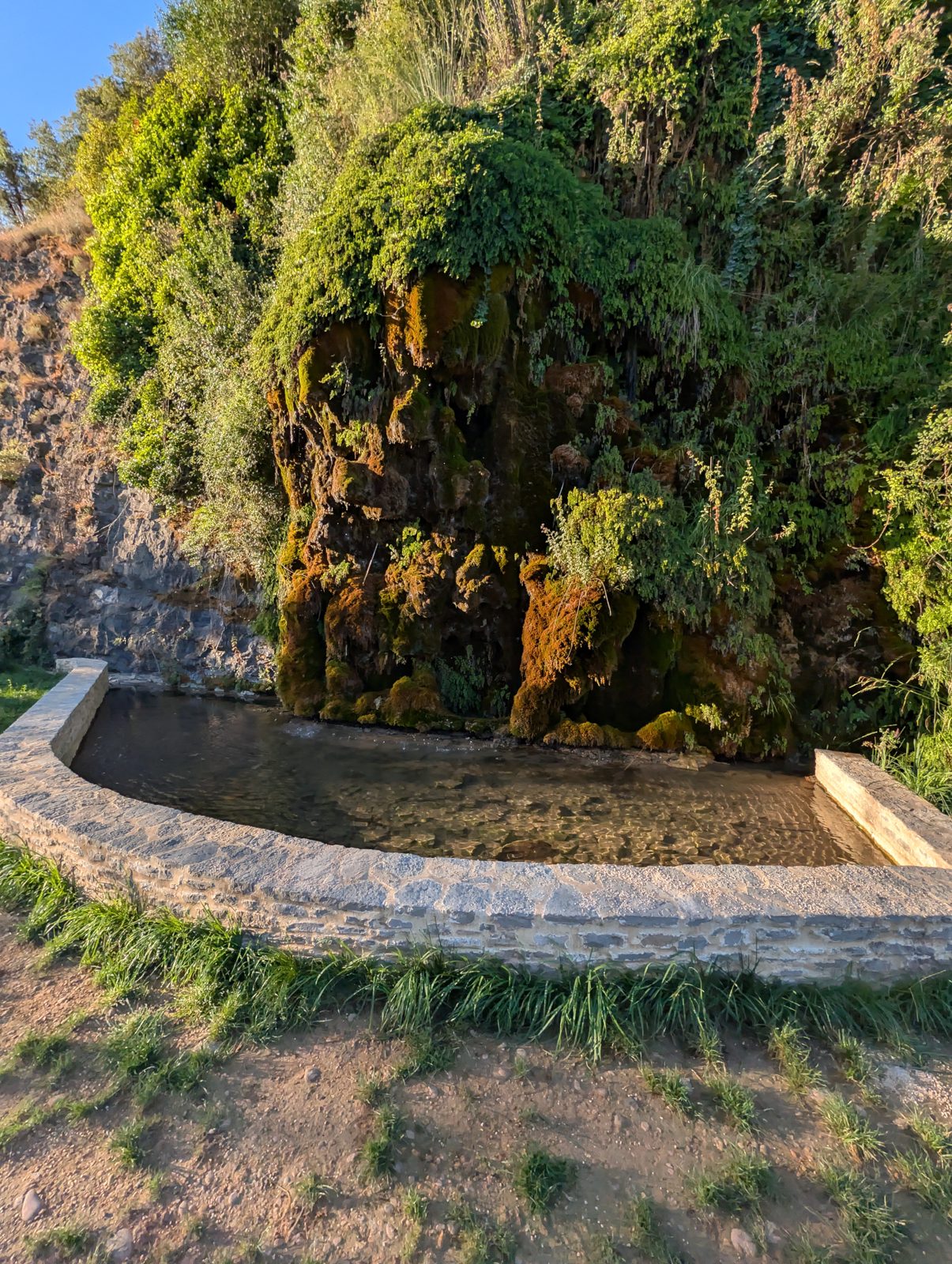 Source moussue et bassin en pierre au bord du chemin, dans la lumière du matin