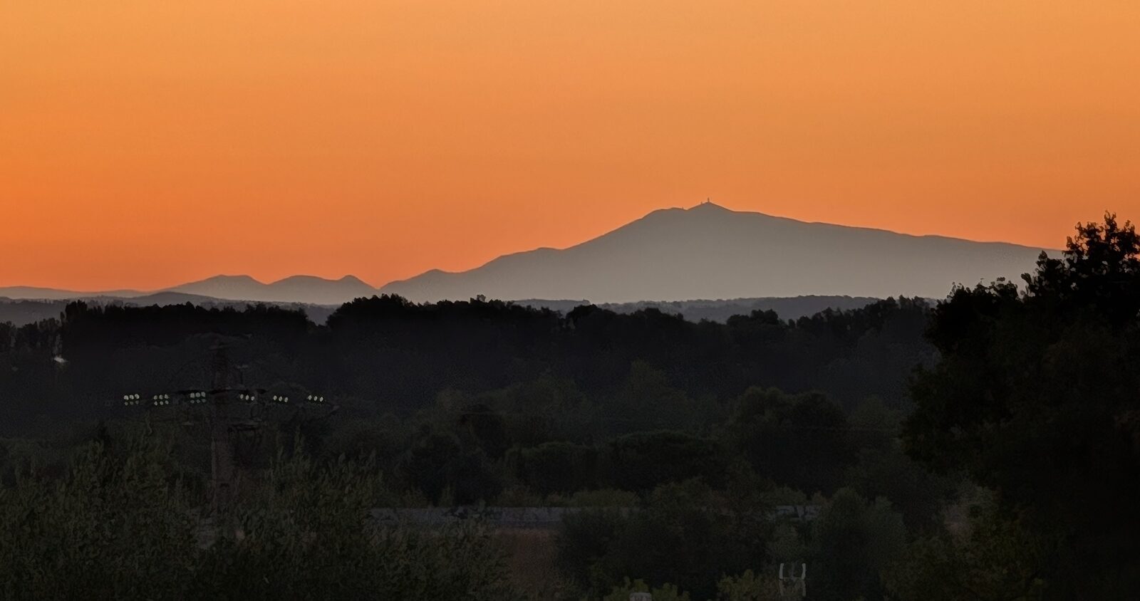 Le Mont Ventoux en silhouette sur un ciel orange à l'aube, ligne d'arbres et vignes au premier plan.